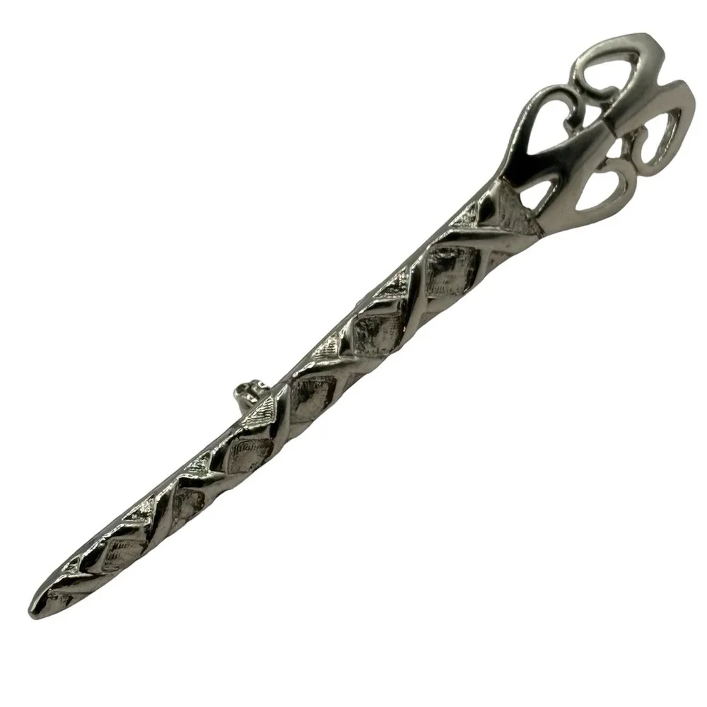 Vintage Art Nouveau Revival Bar Brooch‎ Ornate Silver Tone Textured Open Work
